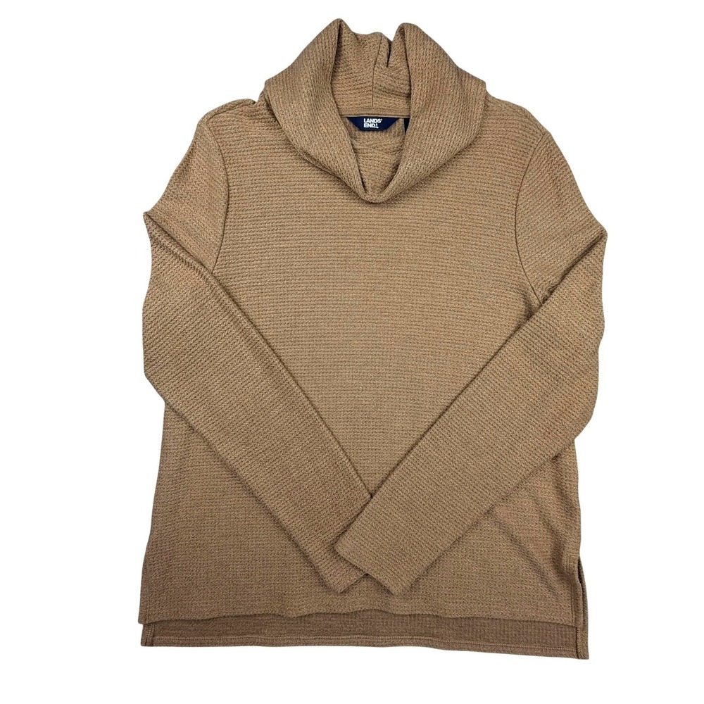 Lands End Womens Camel Textured Waffle Knit Cowl Neck Tunic Sweater Medium 10-12